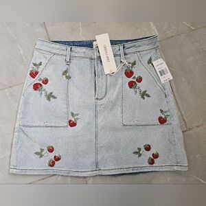 Blue Denim Skirt with Strawberry Embroidery